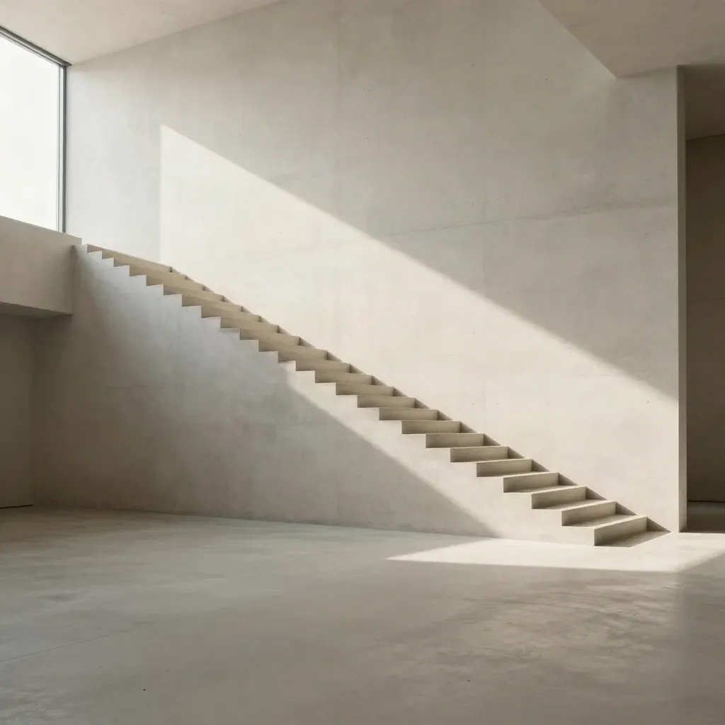 Hall minimalista de concreto claro com escadaria larga e faixa de luz, fundo calmo para copy.